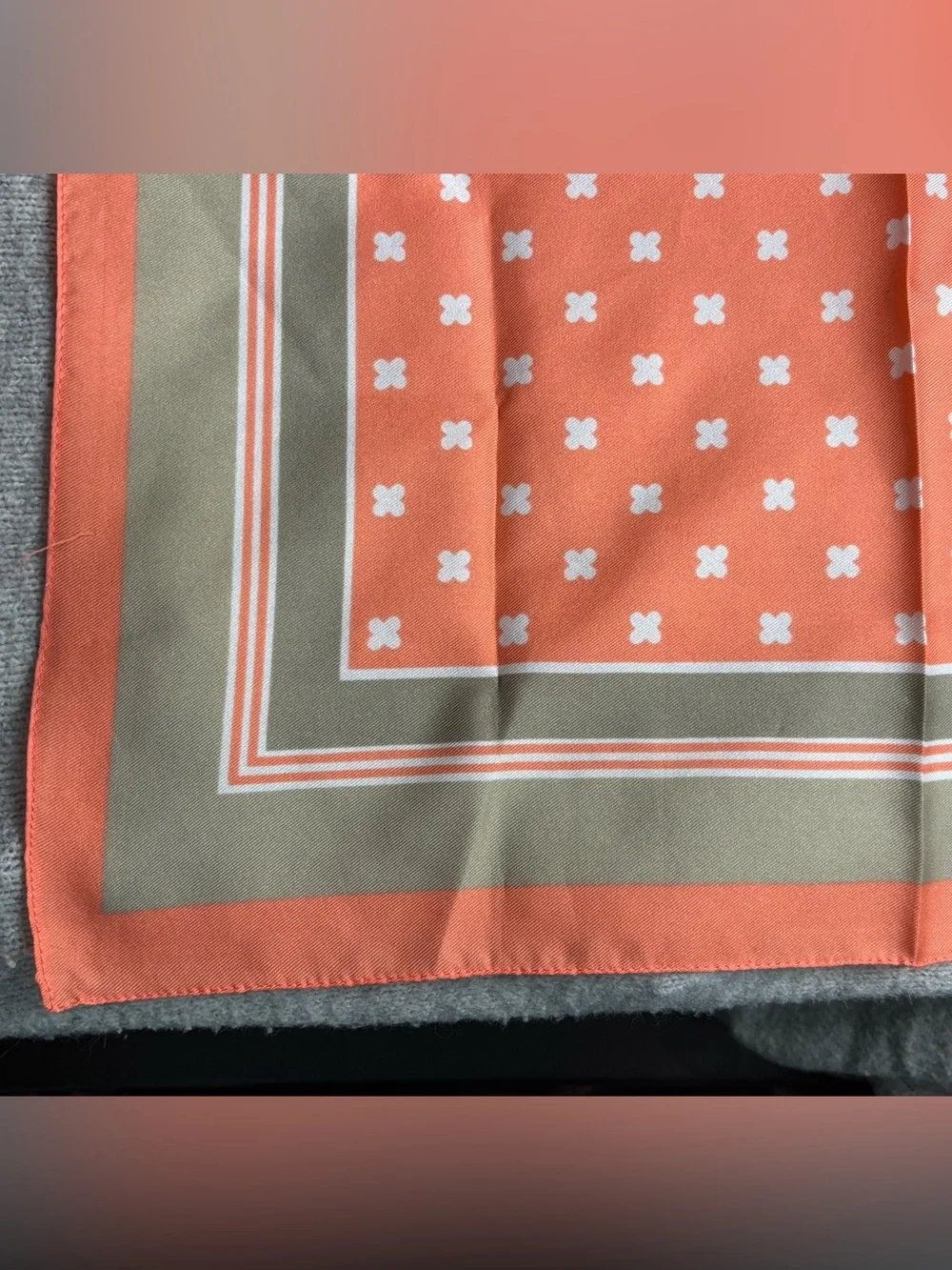 VINTAGE Orange & Tan Square Scarf, Italy, clover motif, est 70s, 80s, 90s